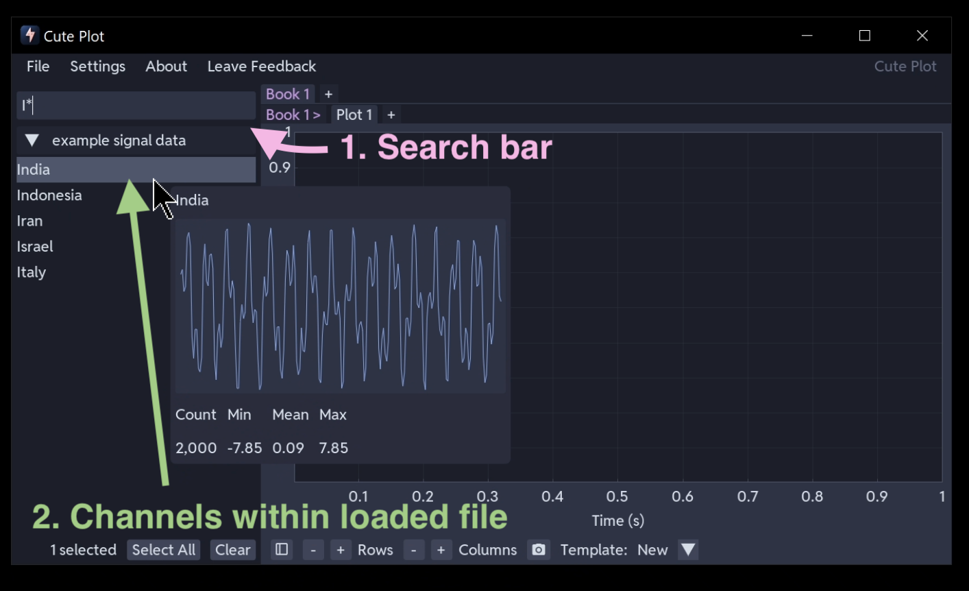 Search bar and channels within loaded file